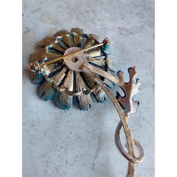 Vintage Enamel Blue and White Flower Brooch Pin Estate Jewelry - Picture 7 of 8